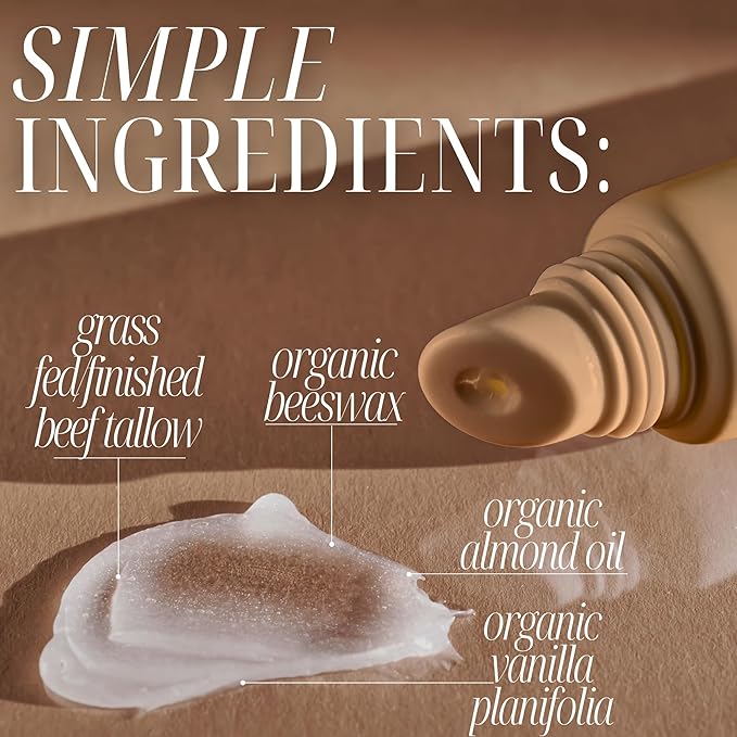 All Natural Tallow Lip Balm Squeezable Tube - Grass Fed/Finished Beef Tallow + Organic Beeswax & Vanilla Essential Oil .5 OZ (Vanilla Dream)-VivaGrace Women