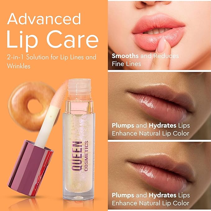 Queen Cosmetics Lip Plumper Gloss, 0.5 Fl Oz. High Shine Finish, Long Lasting Paraben Free Hyaluronic Acid & Vegan - Hydrating Lip Gloss & Moisturizing Mega Volume Lip Plumping Gloss (Glazed Donut)-VivaGrace Women