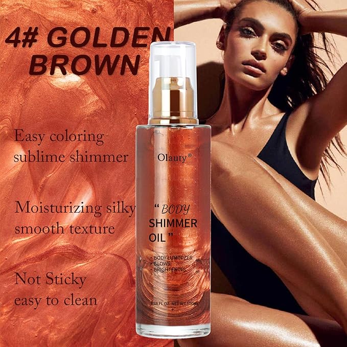 Shimmer Body Oil-Golden Brown Face Brighten Pearl Highlighter Liquid Illuminator Body Glow Oil,4 Color Bronze Makeup Glitter Body Shimmer Oil with Makeup Brush-VivaGrace Women