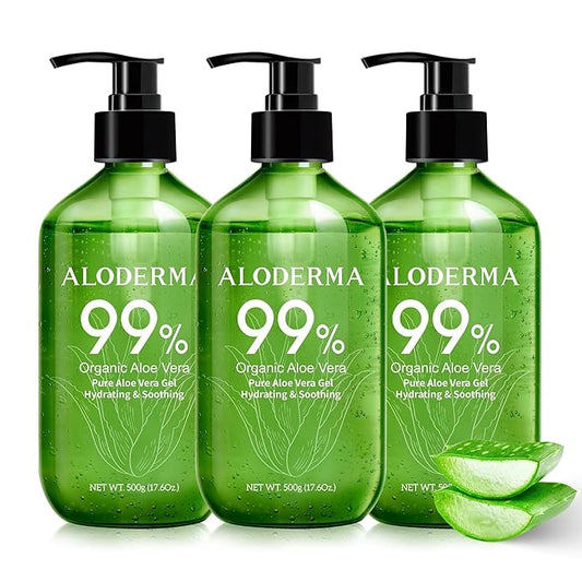 Aloderma 99% Organic Pure Aloe Vera Gel Made within 12 Hours of Harvest, 17.6oz Value Pump, Lightweight Non-Sticky Aloe Vera Gel for Sunburn Relief, Natural, Soothing Aloe Vera for Face & Hair, 3-Pack-VivaGrace Women