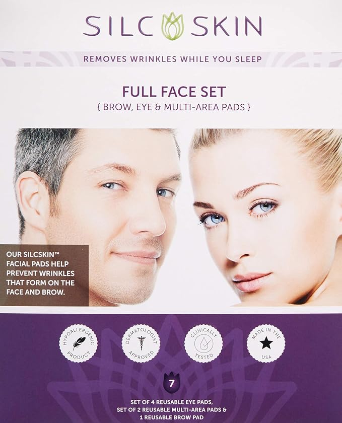 SilcSkin Full Face Set, Helps with Face & Brow Wrinkles from Sun Aging Side Sleeping, Reusable Self Adhesive Medical Grade Silicone, 1 Brow Pad, 4 Eye Pads, 2 Multi-Area Pads - 45 Day Supply-VivaGrace Women