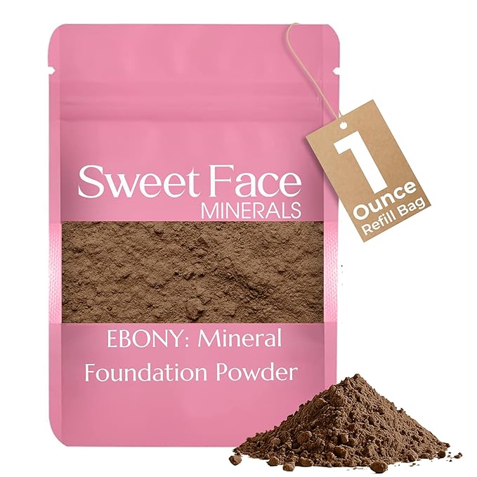Foundation Powder Refill (EBONY) (1 Ounce Bag) By Sweet Face Minerals, Lightweight Mineral Loose Makeup Powder with SPF 20, Full Coverage Flawless Finish, Talc-free, Cruelty-Free, Refillable Pouch-VivaGrace Women