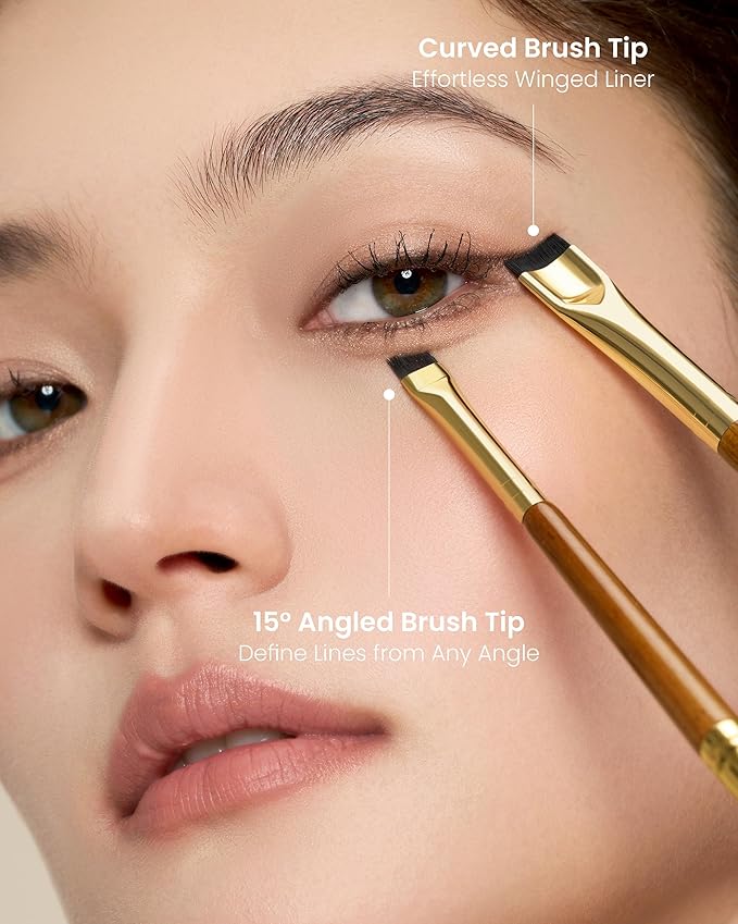 Desert Oak Series Precision Thin Eyeliner Brush - Dual-Ended Angled & Concave Tips for Winged Lines/Tightlining, Gel & Liquid Liner Compatible, Ebana Handle (CM 161)-VivaGrace Women