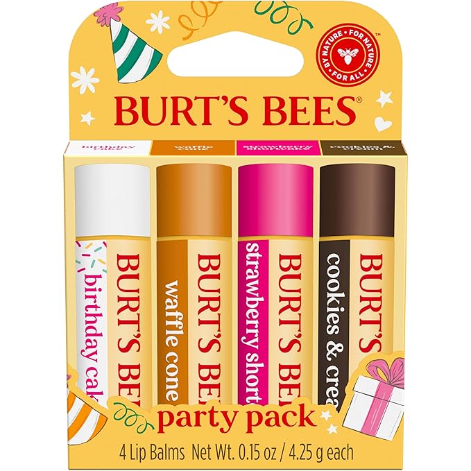 Burt's Bees Lip Balm Party Pack - Birthday Cake, Waffle Cone, Strawberry Shortcake, and Cookies & Cream, All Day Moisturizer, Tint-Free, Natural Origin Conditioning Lip Treatment, 4 Tubes, 0.15 oz.-VivaGrace Women