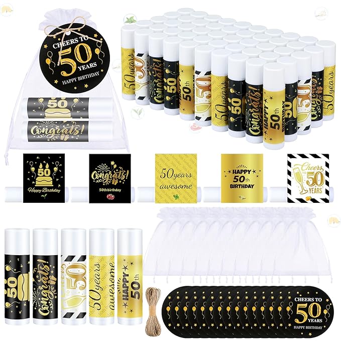 50 Sets Birthday Favors Lip Balm Gifts Bulk Moisturizing Lip Balm with 50 Organza Drawstring Gift Bag 50 Tags Birthday Party Supplies Gifts Bulk for Men and Woman (50th Birthday)-VivaGrace Women