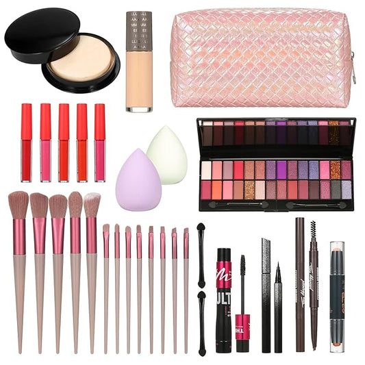 All in One Makeup Kit Makeup Kit for Women Full Kit Multipurpose Makeup Kit-Makeup Brush Set,Eyeshadow Palette,Lip Gloss Set, Makeup Bag,Eyebrow Pencil,Eyeliner pencil,Mascara,Contour Bar,Liquid foundation,concealer and Face Makeup-VivaGrace Women