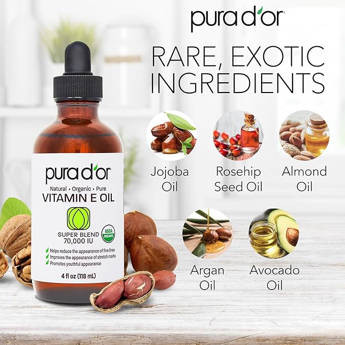 PURA D'OR 4 Oz ORGANIC Vitamin E Oil Blend - 100% Natural Hexane Free, Sweet Almond, Apricot, Jojoba, Argan, Rosehip, Sunflower & Avocado Bath Oil For Scars, Skin, Face & Full Body-VivaGrace Women