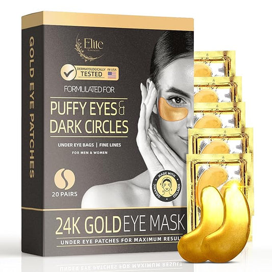 24k Gold Eye Mask - Under Eye Patches for Dark Circles, Puffiness, and Wrinkles - 20 Gold Eye Patches for Puffy Eyes with Collagen and Amino Acids for Intense Hydration and Firming-VivaGrace Women