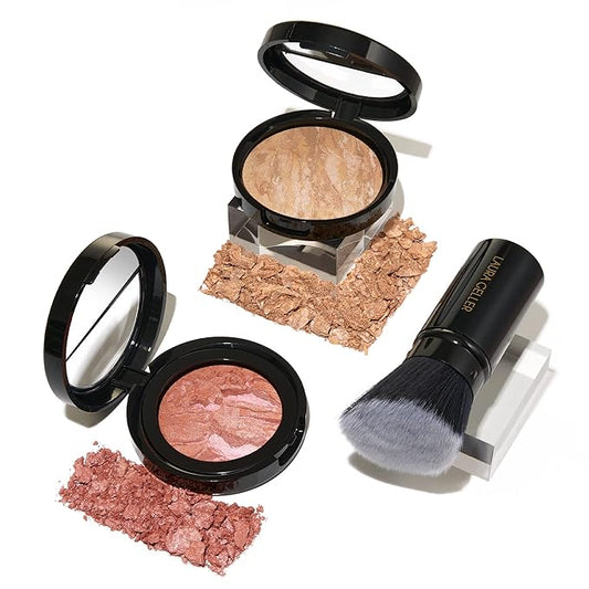Blush-n-Glow Kit (3 PC): LAURA GELLER NEW YORK Baked Balance-N-Glow Illuminating CC Powder Foundation Light, Retractable Kabuki Brush, Baked Blush-N-Brighten Pink Grapefruit-VivaGrace Women