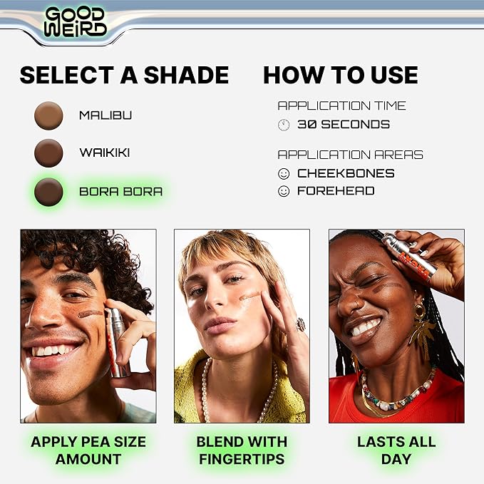 GOOD WEIRD Back From Vacay Bronzer - Vegan Liquid Face Bronzer Gel Cream for Men and Women | Natural Glow Lightweight Highlighter Makeup | Subtle Shimmer | 0.56 fl. oz. | BORA BORA (Dark Bronze)-VivaGrace Women