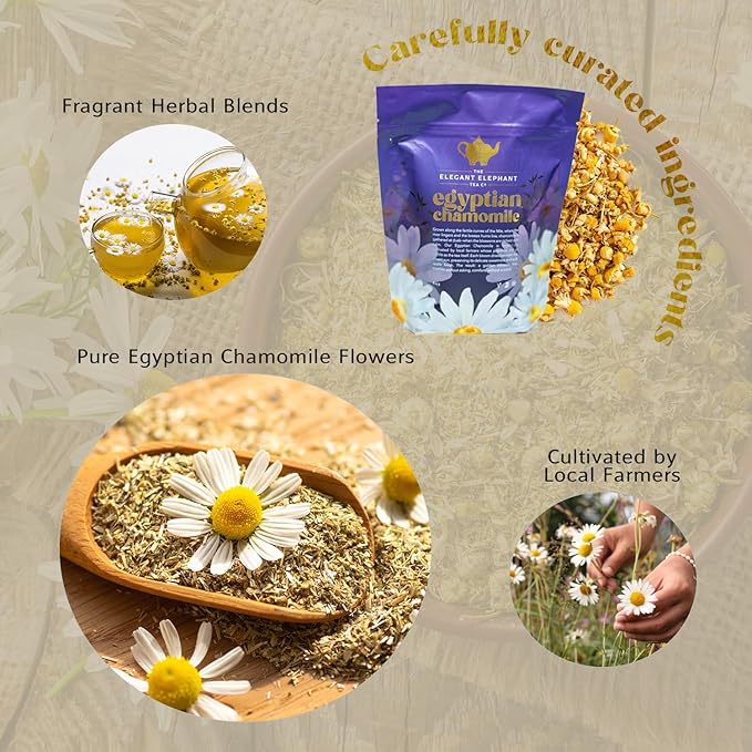 Egyptian Chamomile Tea, Organic Loose Leaf Herbal Tea – Cozy, Calming – Supports Stress Relief, Relaxation & Sleep – 4 oz Resealable Bag (Makes 50 Cups) – The Elegant Elephant