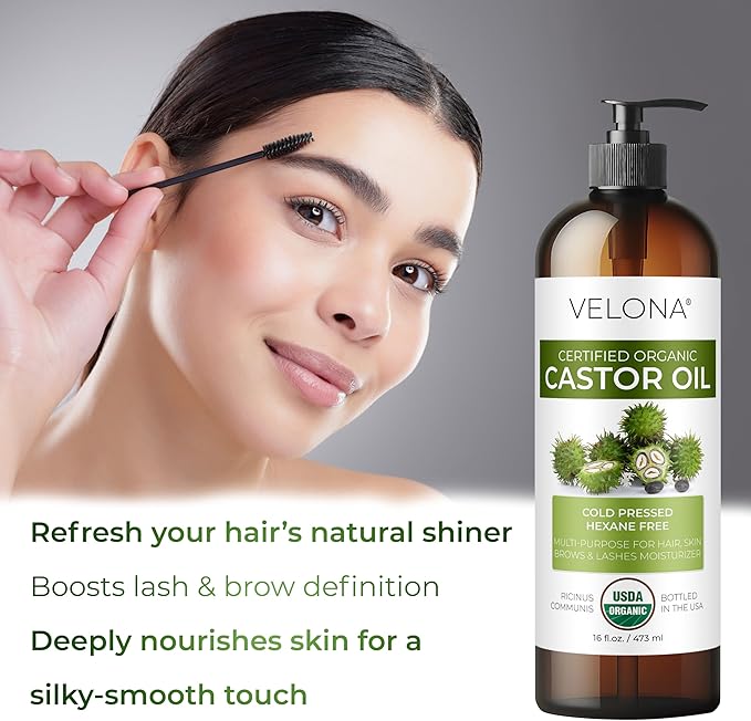 velona USDA Certified Organic Castor Oil - 16 fl oz (With Pump) | For Hair Growth, Boost Eyelashes, Eyebrows | Cold pressed, Natural Oil, USP Grade | Hexane Free, Lash Serum, Caster-VivaGrace Women