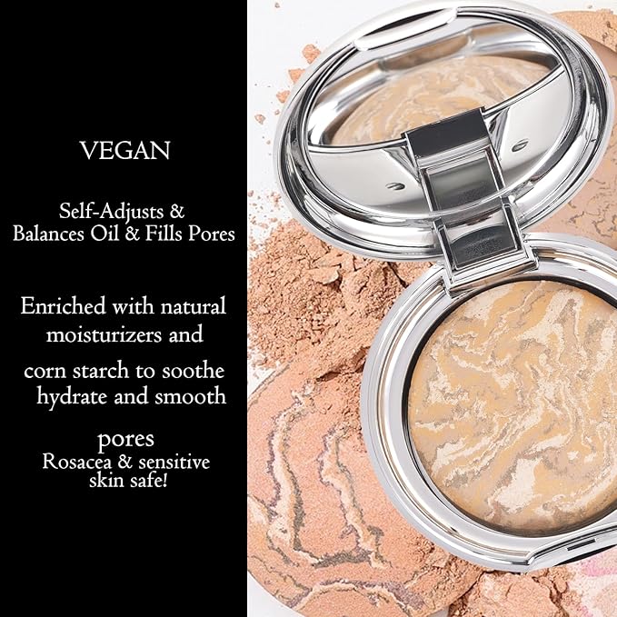 Marbleized Baked Foundation Makeup, Balance and Brighten Color Correcting Powder Foundation - Buildable Light to Medium Coverage - Demi-Matte Natural Finish (#002 LIGHT, 0.32 Oz)-VivaGrace Women
