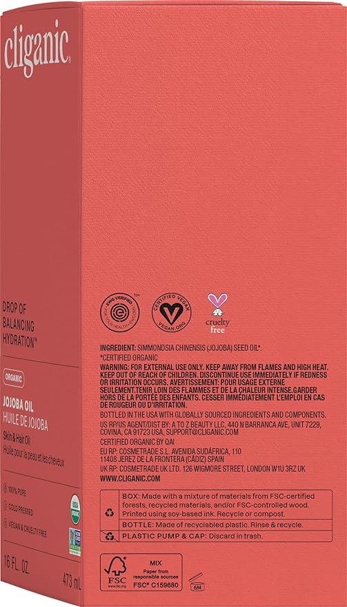 Cliganic Organic Jojoba Oil 16 oz, 100% Pure | Bulk, Natural Cold Pressed Unrefined Hexane Free for Hair & Face | Base Carrier Oil-VivaGrace Women