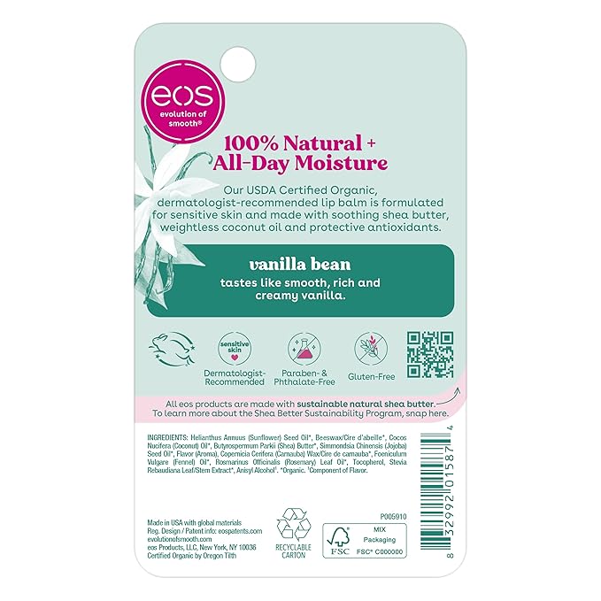 eos 100% Natural & Organic Lip Balm Stick- Vanilla Bean | Dermatologist Recommended for Sensitive Skin | All-Day Moisture Lip Care Products | 0.14 oz-VivaGrace Women