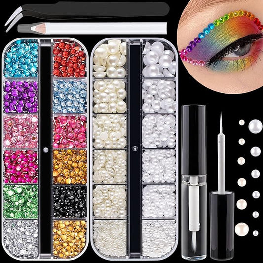 Flat Back Rhinestone+Half Round Pearl Kits Colorful Rhinestones+White&Beige Pearls With Quick Dry Makeup Glue+Picker Pencil+Tweezer For Nail Art And Face Make-up-VivaGrace Women