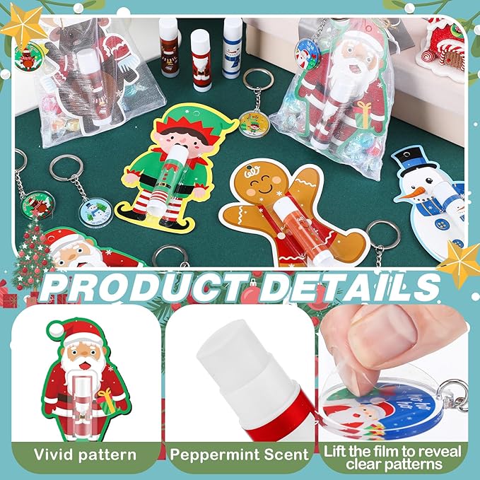 Henoyso 150 Pcs Christmas Favors 5 Styles Lip Balm Bulk Moisturizing Lip Balms Acrylic Keychains with Organza Bags for Xmas Holiday Treat Gifts Women Christmas Stocking Stuffers Party Supplies-VivaGrace Women