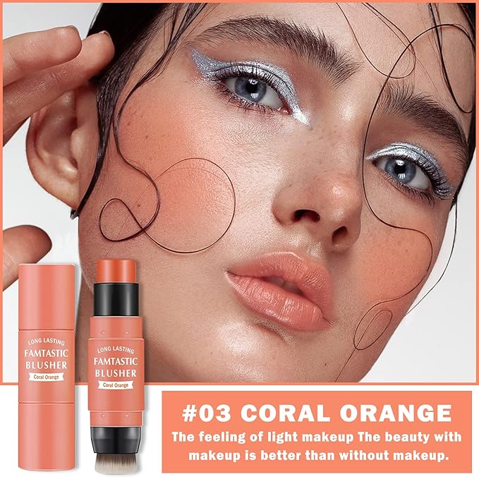 Cream Blush Stick with Brush,Waterproof Blush Makeup,Long Lasting 3 In 1 Cheek Blush & Lip Tint & Eye Shadow Makeup Stick,Easy To Use Blends Effortlessly,Cream Blush Makeup for All Skin Tones - Coral Orange-VivaGrace Women