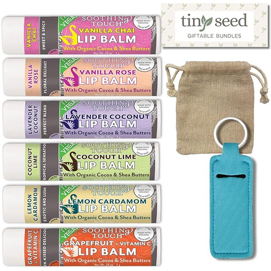 Vegan Lip Balm Set - Pack of 6 Soothing Touch Lip Balms. Plus Muslin Pouch and Lip Balm Holder Keychain (Blue): Lavender Coconut, Vanilla Chai, Vanilla Rose, Coconut Lime, Lemon Cardamom, Grapefruit-VivaGrace Women