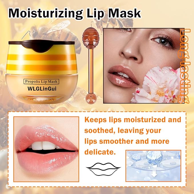 2PCS Bee Lip Balm Honey Pot,Hydrating Lip Moisturizer Cute Honey Pot Lip Balm Lip Scrubs Exfoliator with Wand,Moisturizing Exfoliating Overnight Propolis Lip Sleeping Mask for Men & Women-VivaGrace Women