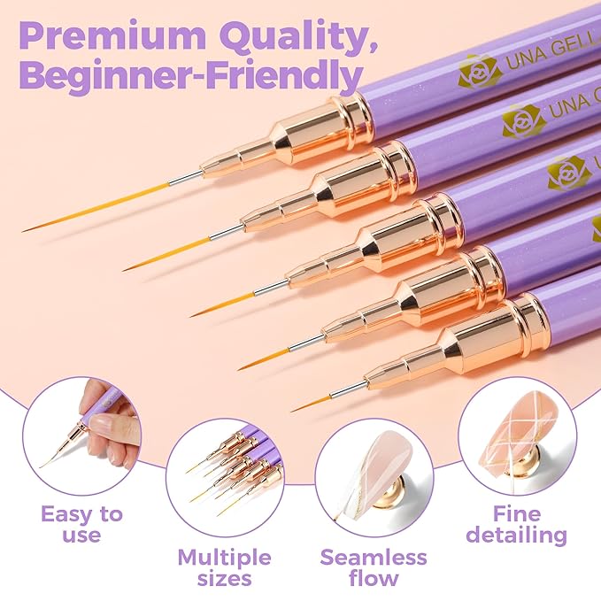 UNA GELLA Nail Art Pens Metallic, Liner Brushes Set For Nail Art Gel Polish, 5Pcs Purple Color, Detail Nail Art Design Painting Brush Set For Nails Gel Fine Drawing Nail Tools, Sizes 7/9/11/15/25mm-VivaGrace Women