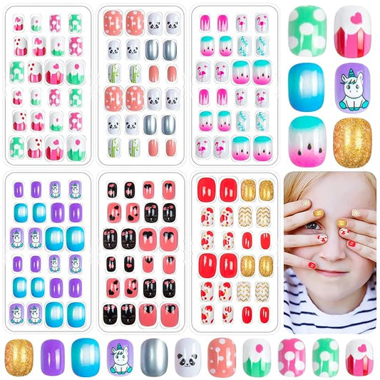 144 Pieces Fake Nails for Kids Girls Artificial Kids Press on Nails Full Cover Short Acrylic Stick On Nails False Nail Tips Kit for Children Little Girls Nail Art Decoration (Sweet Pattern)