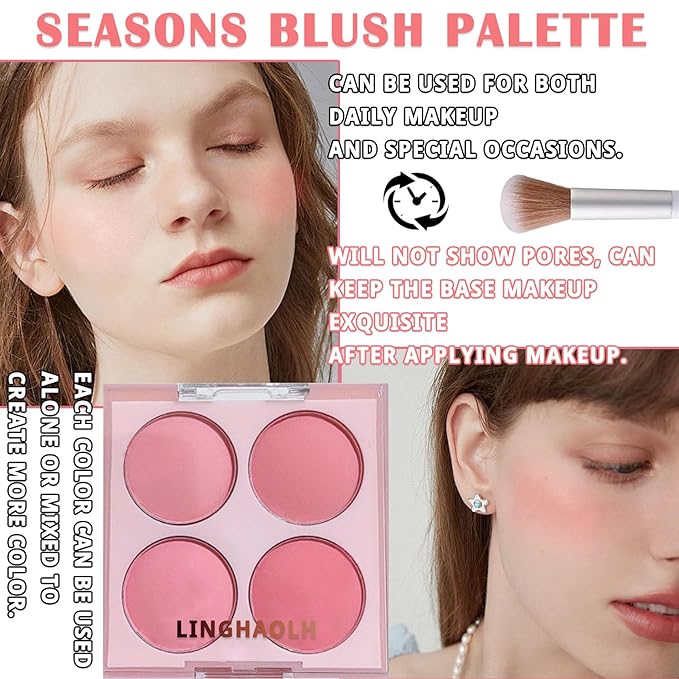 4 Colors Blush Palette for Cheeks,Face Matte Contour Blush Makeup Palette,Buildable Shimmer Facial Cheek Blusher Shades,Blendable Cosmetic Makeup Blush with Blush Brush 01-VivaGrace Women