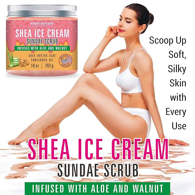 First Botany Body Scrub - Natural Exfoliating Salt Scrub & Body and Face Souffle helps with Moisturizing Skin, Acne, Cellulite, Dead Skin Scars, Wrinkles (10 fl oz, Shea Icecream)-VivaGrace Women