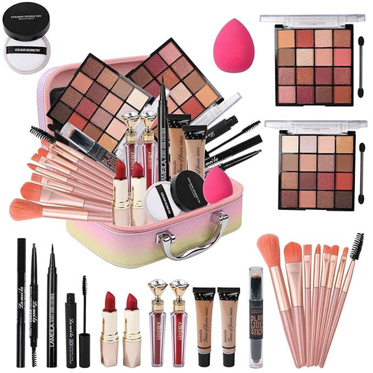 Makeup Kit for Teen Girls,All in One Makeup Kit for 2X16 Colors Eyeshadow Liquid Foundation Eyeliner Pencils Contouring Stick Lip Gloss Eyebrow Pencils 8Pcs Makeup Brushes etc (rainbow)-VivaGrace Women