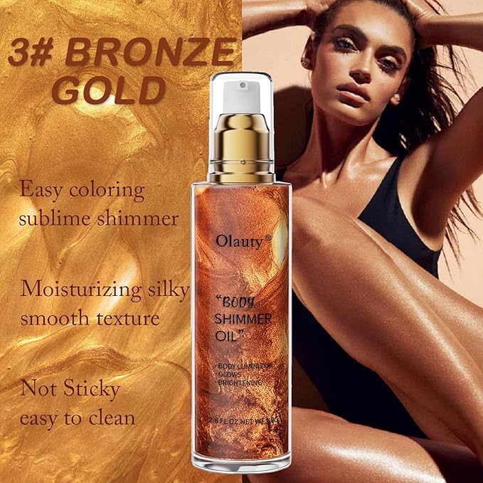 Shimmer Body Oil, Highlighter Makeup Smooth Glitter Glow Liquid Foundation for Face & Body,Liquid Illuminator Body Shimmer Lotion for Women (3# Bronze Gold)-VivaGrace Women