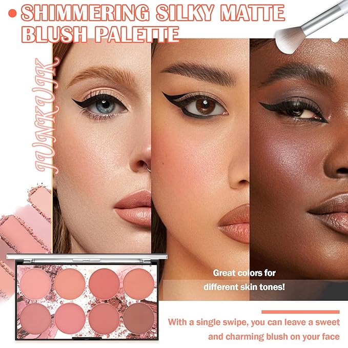 8 Colors Blush Palette,Shimmer Silky Matte Blush Powder Palette,Professional Cute Face Contour Highlighter Blush Palette with Blush Makeup Brush-VivaGrace Women