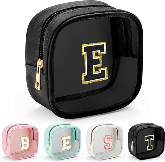 YOOLIFE Initial Makeup Bag Travel Toiletry Bag, Clear Makeup Bag Car Accessories For Women Clear Makeup Bags With Zipper Girlfriend Teacher 13 Year Old Girl Gifts Daughter Girl Gifts Mini Black E-VivaGrace Women