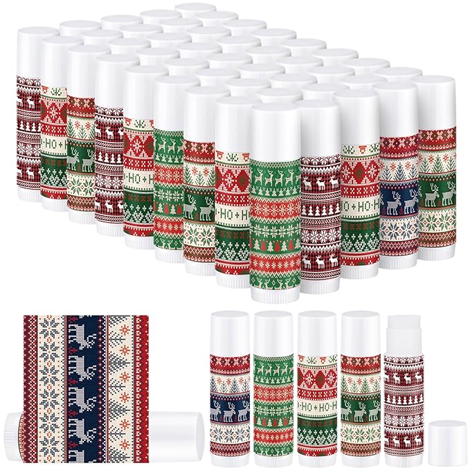 Dunzy 50 Pcs Lip Balm in Bulk Christmas Gift Set Moisturizing Lip Ugly Sweater Baby Shower Party Favor Supplies with Assorted Fruit Flavors for Women Men Dry Chapped Lips Holiday Gift Prize-VivaGrace Women