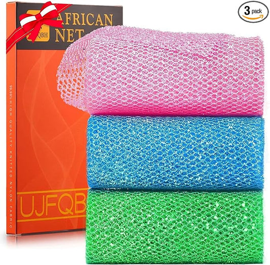 UJFQBH 3 Piece Bright Style African exfoliating net Exfoliating Shower Set Long Bath Sponges for Smooth, Refreshed Skin, The Exterior Gleams - Ideal for Daily Use (Bright Pink, Blue, Green)-VivaGrace Women