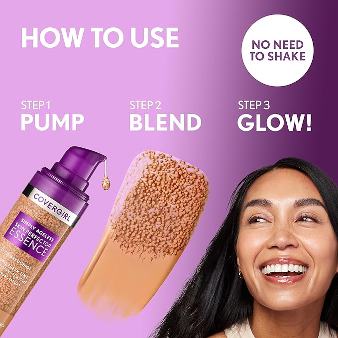 Covergirl Simply Ageless Skin Perfector Essence Foundation, 30 Light-Medium, Tinted Skin Perfector, Skincare Makeup Hybrid, Sheer Tint, Radiant Finish, Skin-Like Finish, Vegan Formula, 1.0oz-VivaGrace Women