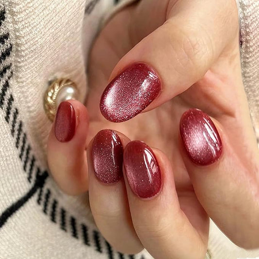 Press on Nails Oval - Burgundy Cat Eye Fake Nails Short Round Acrylic Full Cover Glue on Nails in 12 Sizes - 24 Piece Nail Kit，Natural Fit for Women & Girls Daily Wear