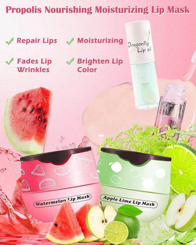 2Pcs Watermelon Lip Balm Honey Pot Lip Mask & Lip Glowy Oil Lip Care Set, Propolis Moisturizing & Nourish Hydrating Lip Gloss Repair, Reduce Lip Line & Plump Dry Cracked Lip Scrub Exfoliator -Set C-VivaGrace Women