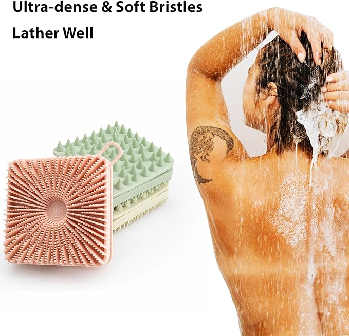 2 PC Silicone Exfoliating Body Scrubber, Silicone Body Shampoo Brush, Soft Silicone Loofah for Sensitive Skin, Shower Silicone Hair Scalp Massager, Easy to Clean, Lather Well(Black&Green)-VivaGrace Women