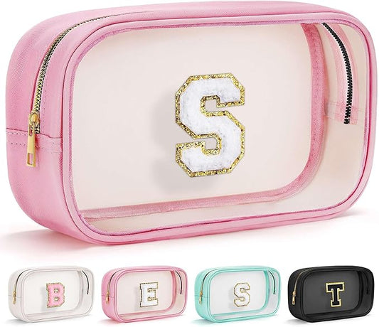 YOOLIFE Initial Birthday Gifts for Girls Kids Clear Makeup Bag Preppy Cosmetic Bags Organizer Travel Essentials Pink Gifts for Girls Teen Girlfriend Teacher Kids Birthday Gift Preppy Stuff M-VivaGrace Women