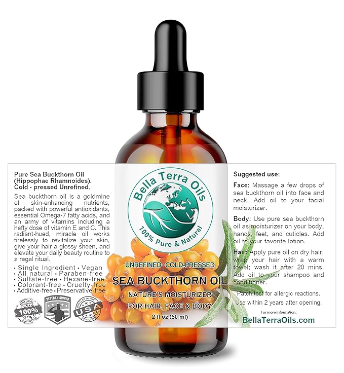 Bella Terra Oils - Organic Sea Buckthorn Oil 2 oz - Dive into Rich Essence of Organic Sea Buckthorn Berry, Packed with Vitamin C, E, & A, Omega-Fatty Acids Delight for Face-VivaGrace Women
