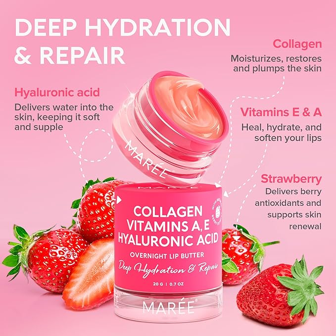 MAREE Lip Mask with Hyaluronic Acid & Coconut Oil - Overnight Collagen Lip Butter to Nourish & Hydrate Dry Cracked Lips - Moisturizer for Skin Care with Shea & Cocoa Butter - Sleeping Lip Butter Balm-VivaGrace Women