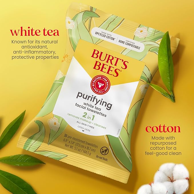 Burt's Bees Purifying Facial Towelettes With White Tea, Pre-Moistened Towelettes for All Skin Types, 99.1 Percent Natural Origin Skin Care, 30 ct. Package