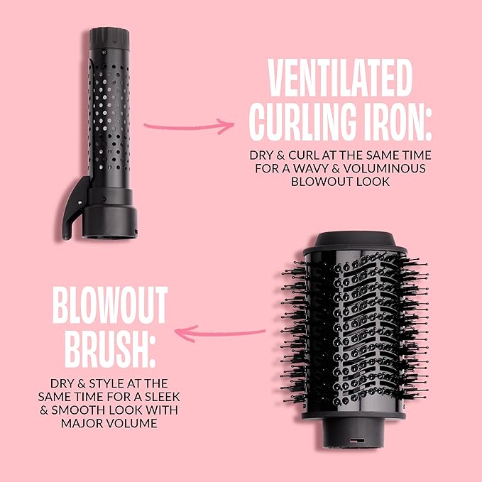 Foxybae Super Styler – 4-in-1 Blow Dryer Brush Set - Diffuser, Blowout Brush, 1.25” Curling Barrel & Drying Cylinder - Voluminous, Frizz-free Hair - Blow Dryer, Straightener & Curler [Black Rose-Gold]-VivaGrace Women