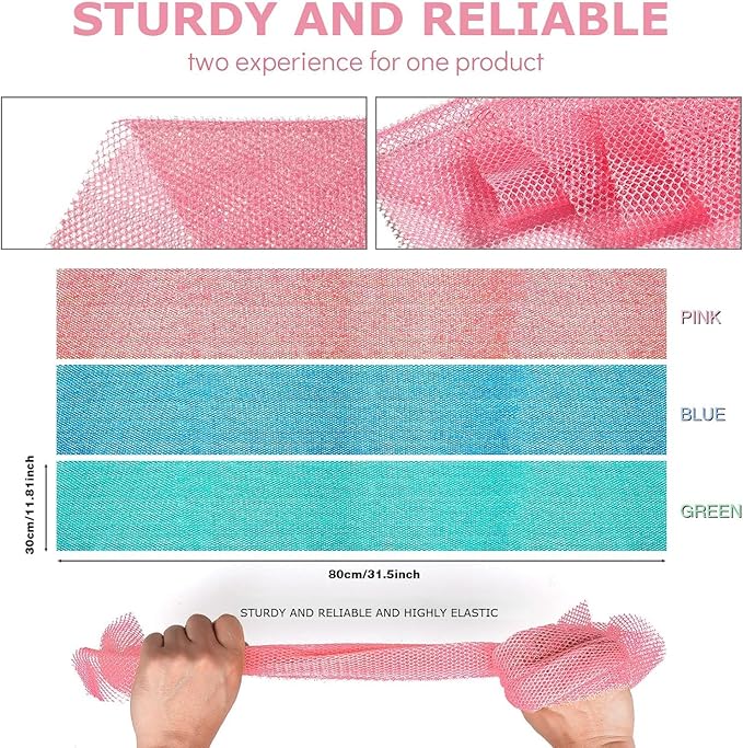 UJFQBH 3 Pieces African exfoliating net African Net Long Net Bath Sponge Exfoliating Shower Body Scrubber Back Scrubber Skin Smoother,Great for Daily Use (Pink, Blue, Green)-VivaGrace Women