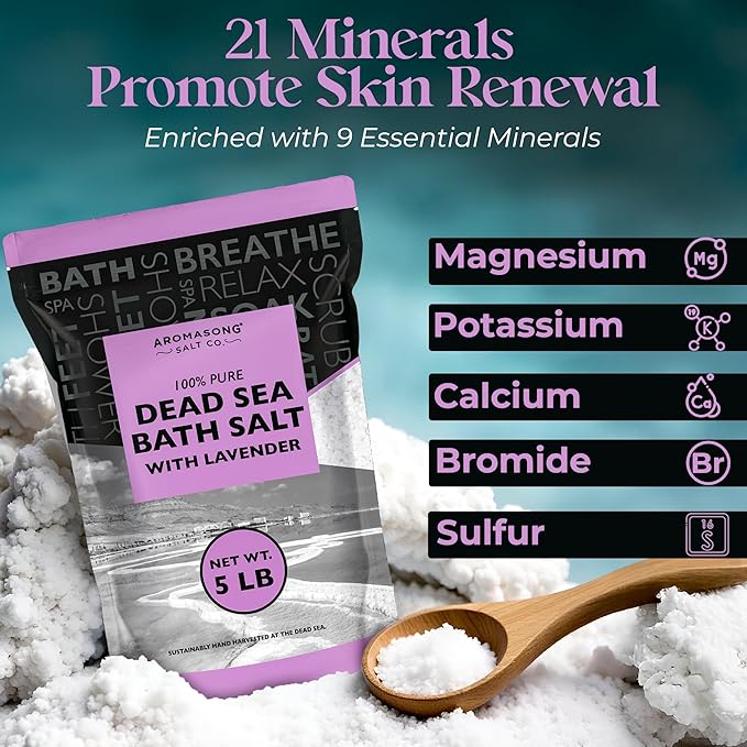 Aromasong Pure Dead Sea Salt for Soaking with 100% Natural Lavender, 5 LB - Spa Bath Salt Fine Grain - Body Wash Scrub - Soak for Women & Men- Bulk Resealable Pack (Packaging May Vary)-VivaGrace Women