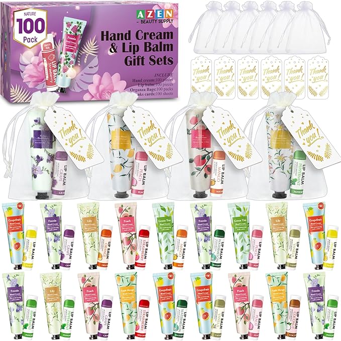 AZEN 100 Sets Hand Cream Bulk and Lip Balm Bulk Set, Bridal Shower Gifts for Guests with Organza Bag Thank You Card, Thank You Gifts for Coworkers Women Men, Bridal Wedding Favors for Guests-VivaGrace Women