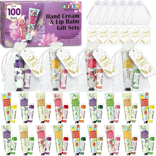 AZEN 100 Sets Hand Cream Bulk and Lip Balm Bulk Set, Bridal Shower Gifts for Guests with Organza Bag Thank You Card, Thank You Gifts for Coworkers Women Men, Bridal Wedding Favors for Guests-VivaGrace Women