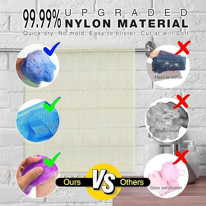 UJFQBH 4 Pieces African exfoliating net African Net Long Net Bath Sponge Exfoliating Shower Body Scrubber Back Scrubber Skin Smoother,Great for Daily Use (Purple, Blue, Green, White)-VivaGrace Women