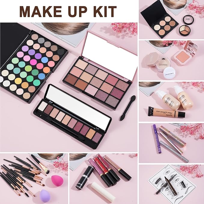 All in One Makeup Kit Makeup Kit for Women Full Kit Multipurpose Makeup ，eyeshadow、 liquid foundation,Loose powder,Eyebrow pencil,4-color lip gloss set-VivaGrace Women