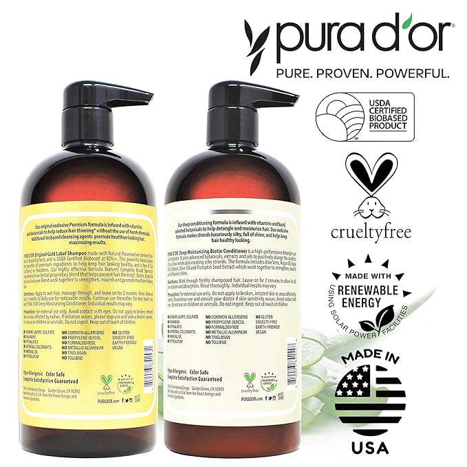 PURA D'OR Anti-Thinning Biotin Shampoo & Deep Moisturizing Conditioner Original Gold Label Set (24oz x2) Natural Earthy Scent, CLINICALLY TESTED Effective Results, Hair Thickening Product, Women & Men-VivaGrace Women